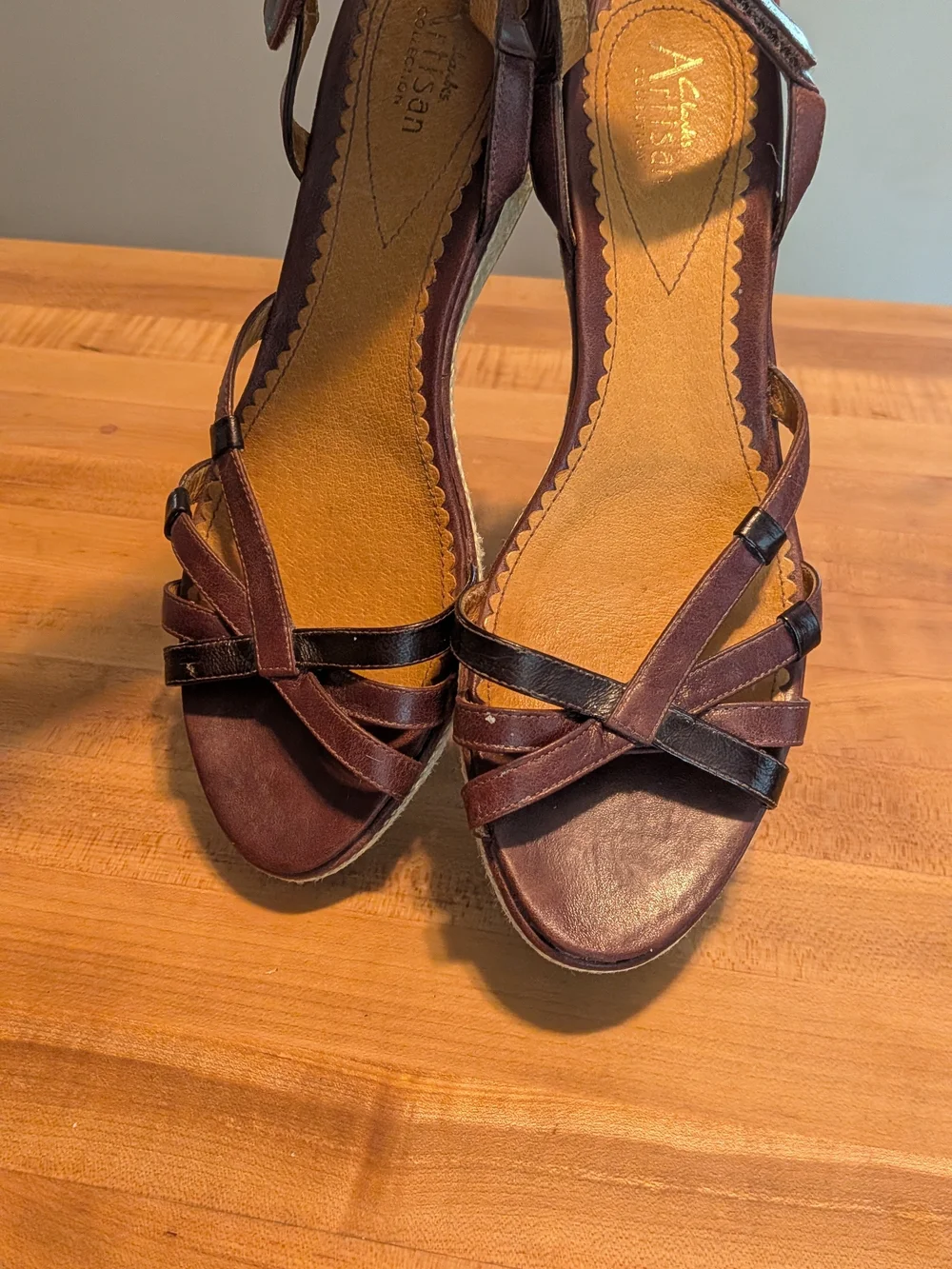 Clarks Artisan Collection Women’s Leather Espadrille Wedge Sandals Brown Black 9